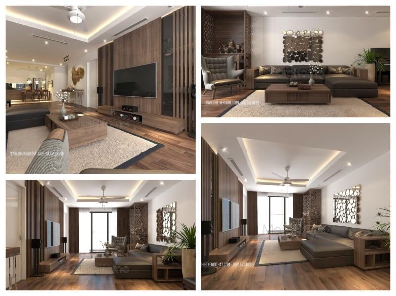 Phòng khách được trang trí đẹp bởi bộ bàn ghế sofa gỗ óc chó bọc bằng da tinh tế.